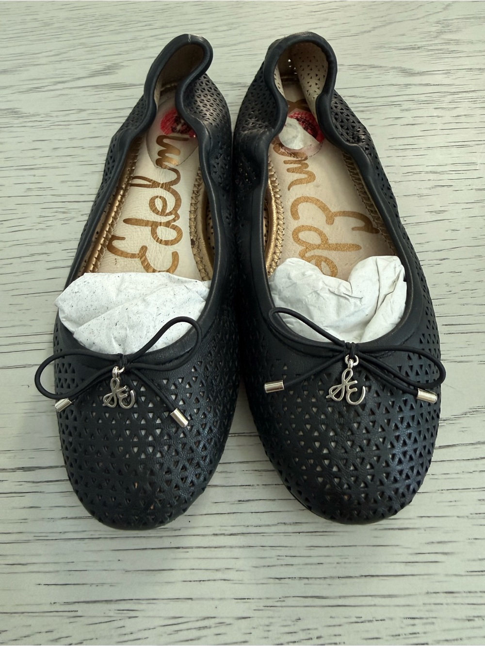 Sam Edelman Black Perforated Ballet Flats with Signature Charm